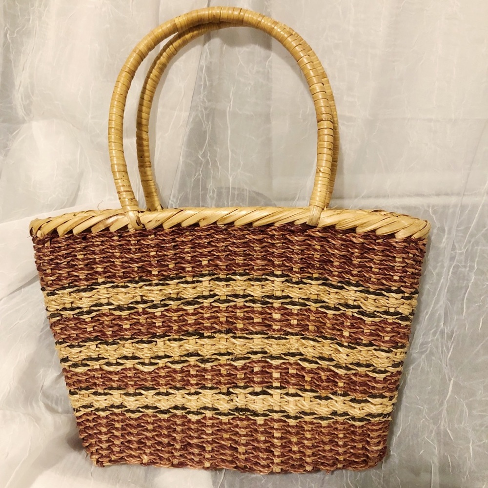 Straw Purse with Black Accents and Handles